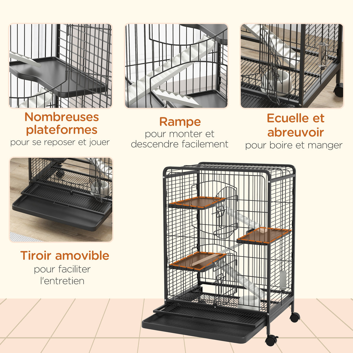 Cage pour rongeurs cage pour Petits Animaux Roulante 3 Rampes 3 Plates-formes Plat et Bouteille d'Eau Bac Inférieur Amovible pour lapin vison d'animaux chinchilla Acier PP 61,5x44x95cm Noire-5