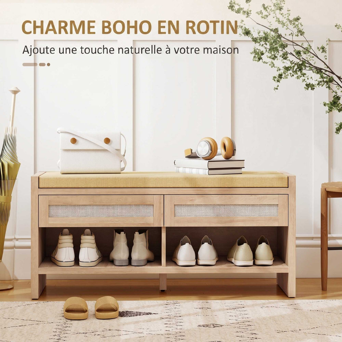 Banc chaussures entrée, banc de rangement, assise rembourrée en lin, 2 tiroirs en rotin et étagère ouverte, chêne-3