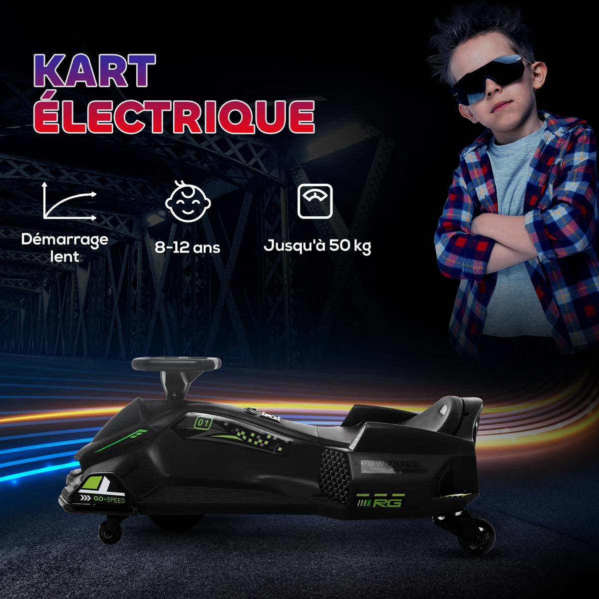 Kart électrique pour enfant 12V, karting enfant, vitesse réglable 3-8 km/h, mode de dérive, 90 x 53 x 99 cm, noir-6