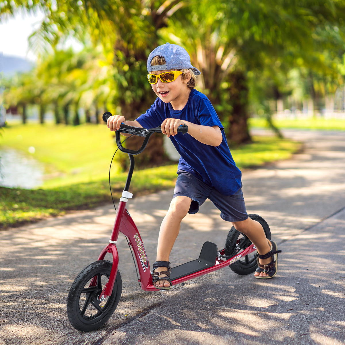 Trottinette enfant patinette pneus 30 cm Hauteur Guidon réglable poignée Frein et béquille Acier pour enfants à partir de 5 ans Rouge-1