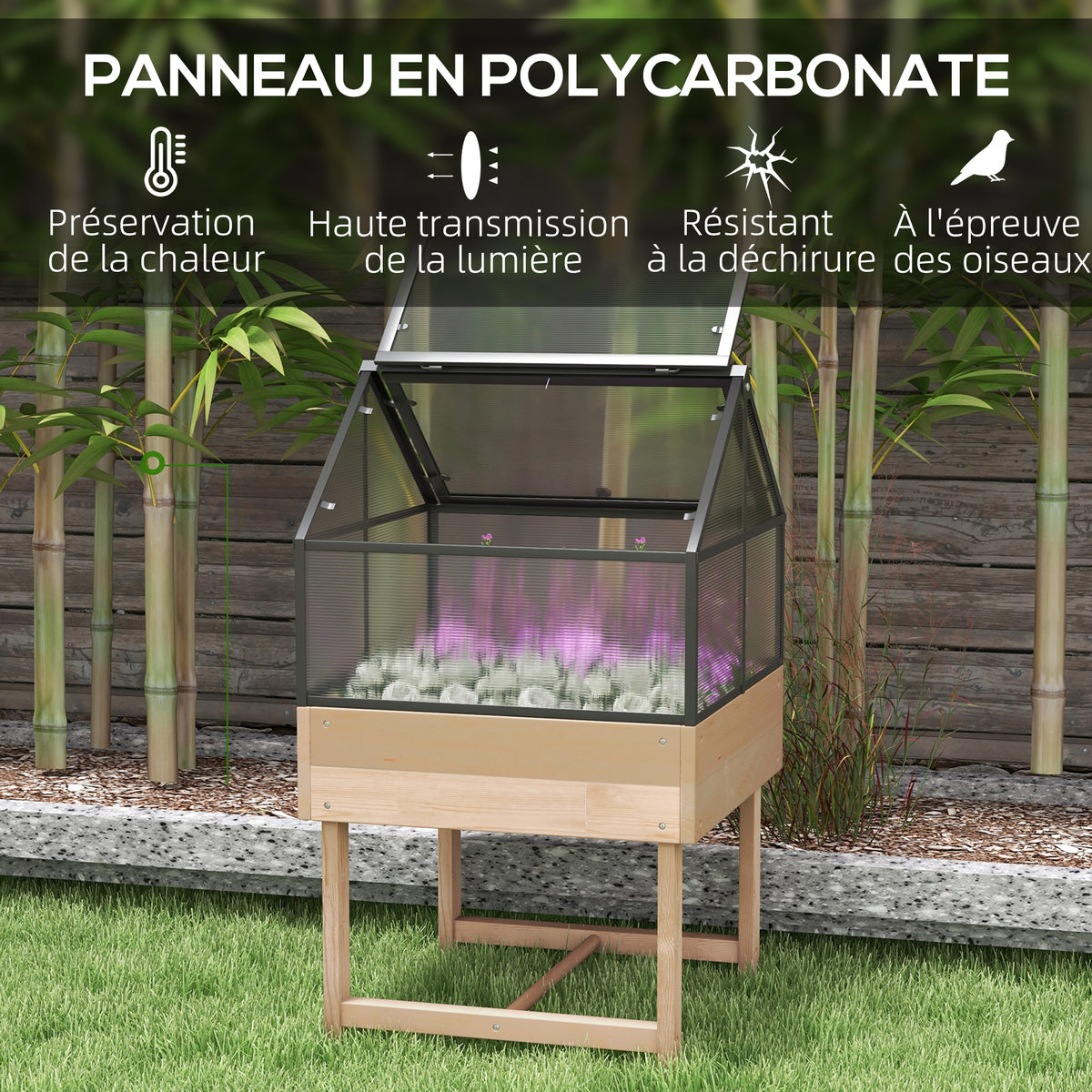 Mini Serre sur Pieds dim. 60L x 57l x 103H cm double toit ouvrable Panneaux de Polycarbonate, acier, Bois Sapin traité-3
