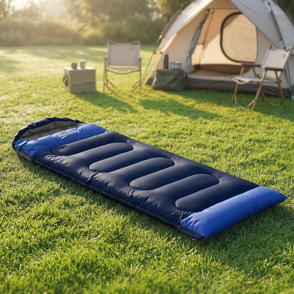 Sac de Couchage Adulte, avec Section Tête, Fermeture Éclair et Sac de Rangement, 300 g/m², 215x75x10cm, Bleu Marine-1