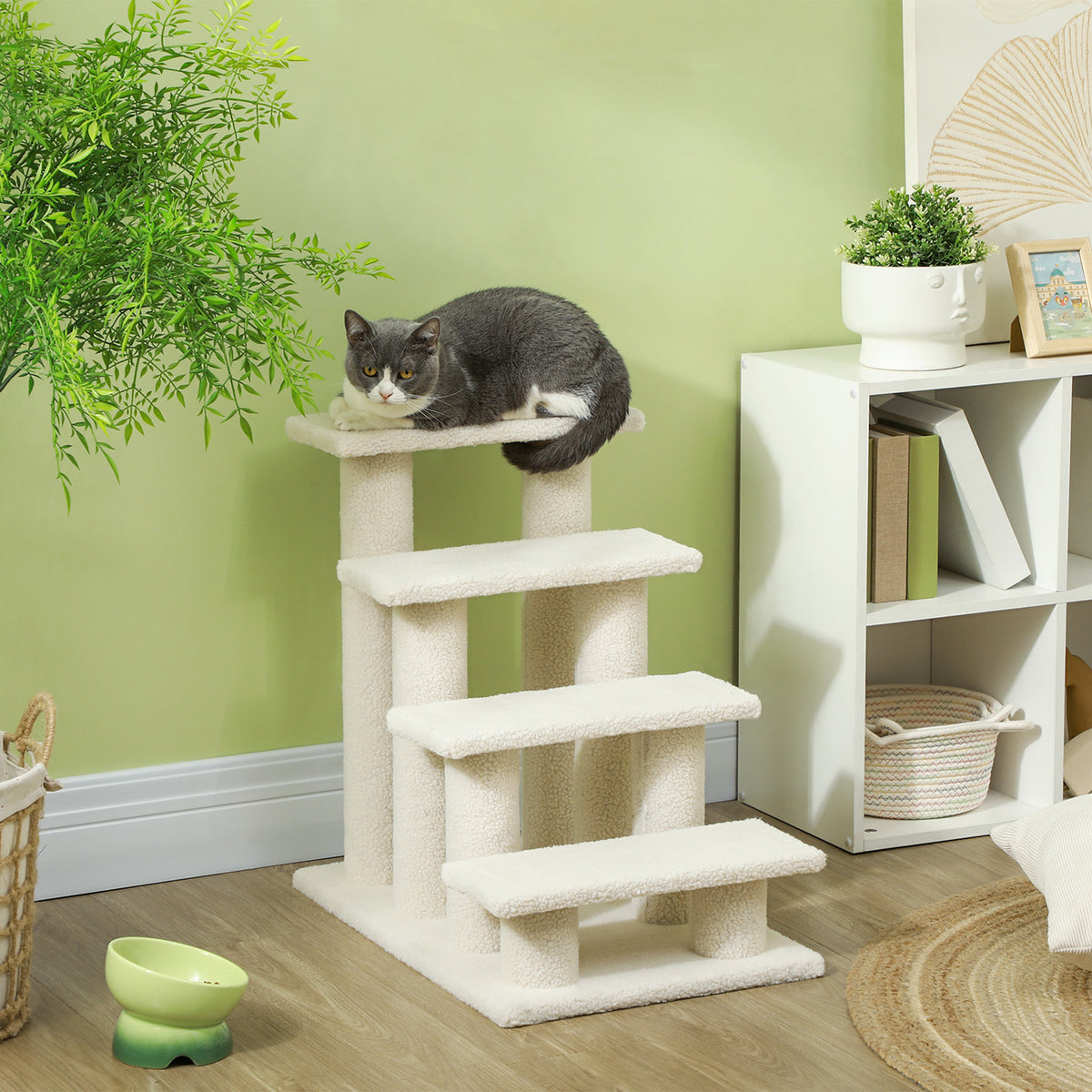 Escalier pour animaux de compagnie avec 4 marches revêtement effet laine bouclée 61 x 41 x 60 cm crème-1