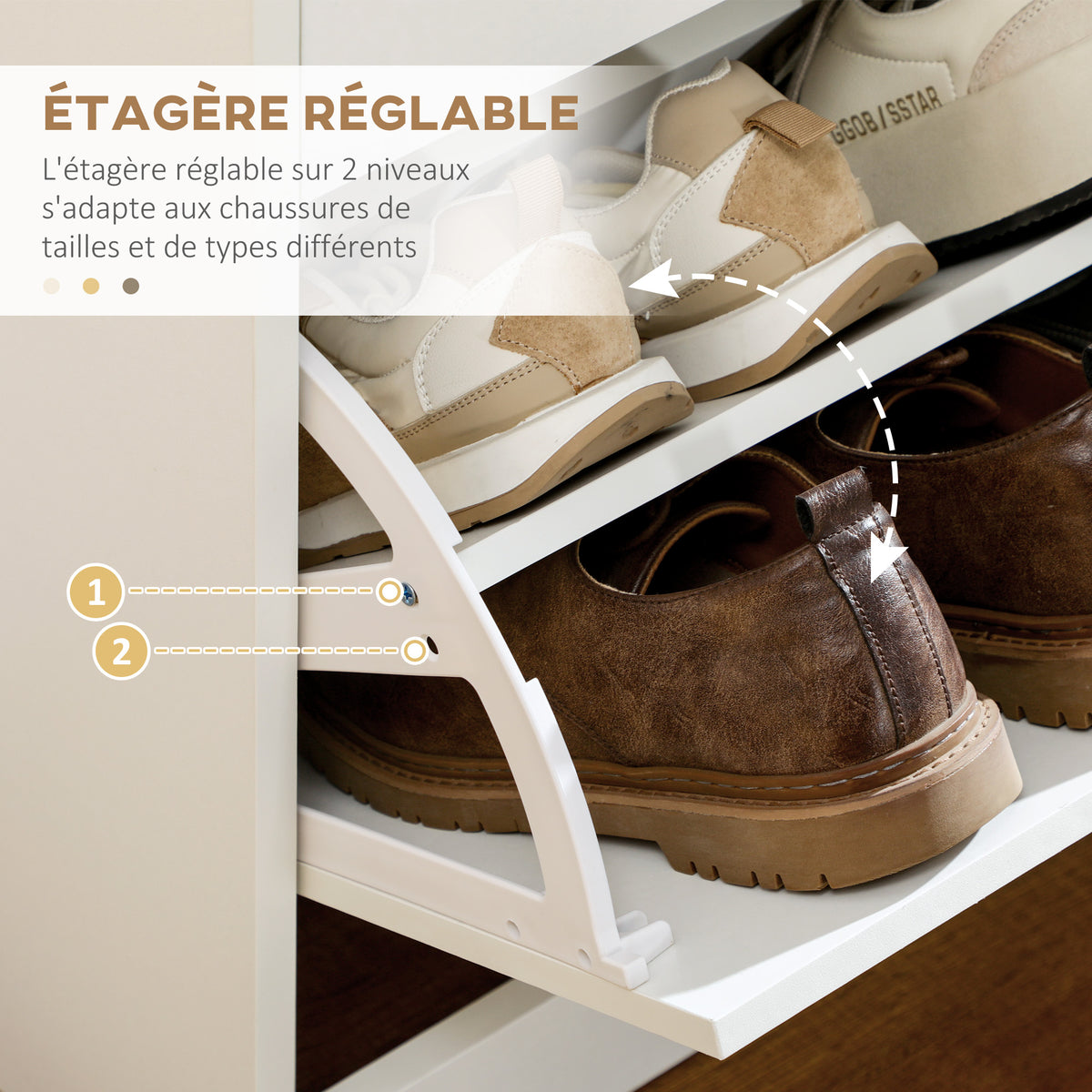 Meuble à chaussures 2 tiroirs et 2 portes abattantes avec étagère réglable 80 x 30 x 91,5 cm poignées alu. naturel-4