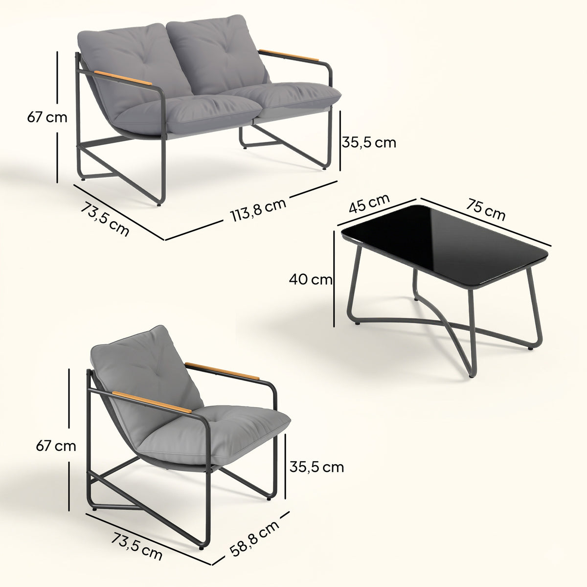 Salon de Jardin 4 Pièces Ensemble avec Canapé 2 Places, 2 Fauteuils et Table Basse Verre Trempé Coussins 13cm Gris Clair-2