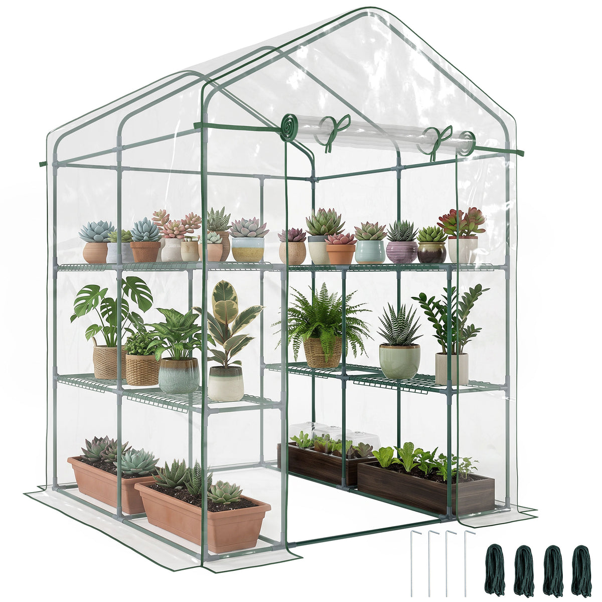 Serre jardin étagères 3 niveaux, balcon, châssis acier, porte zippée, int./ext., 143x143x195cm, transparent-0