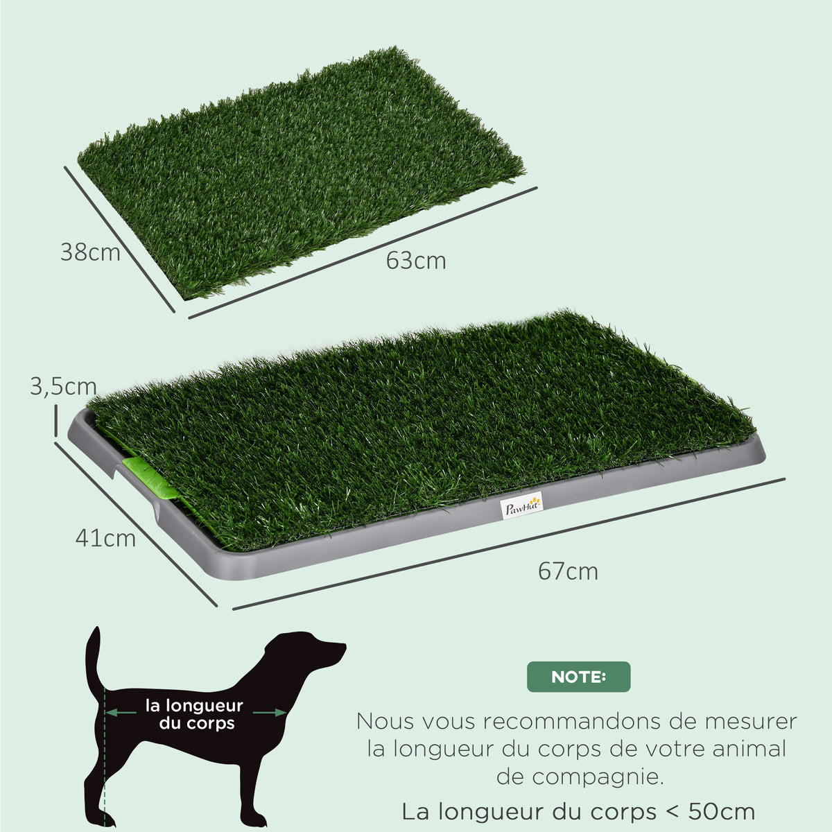 Toilette pour chien litière avec tapis en gazon artificiel bac pour l'apprentissage de la propreté, 67 x 41 cm-2