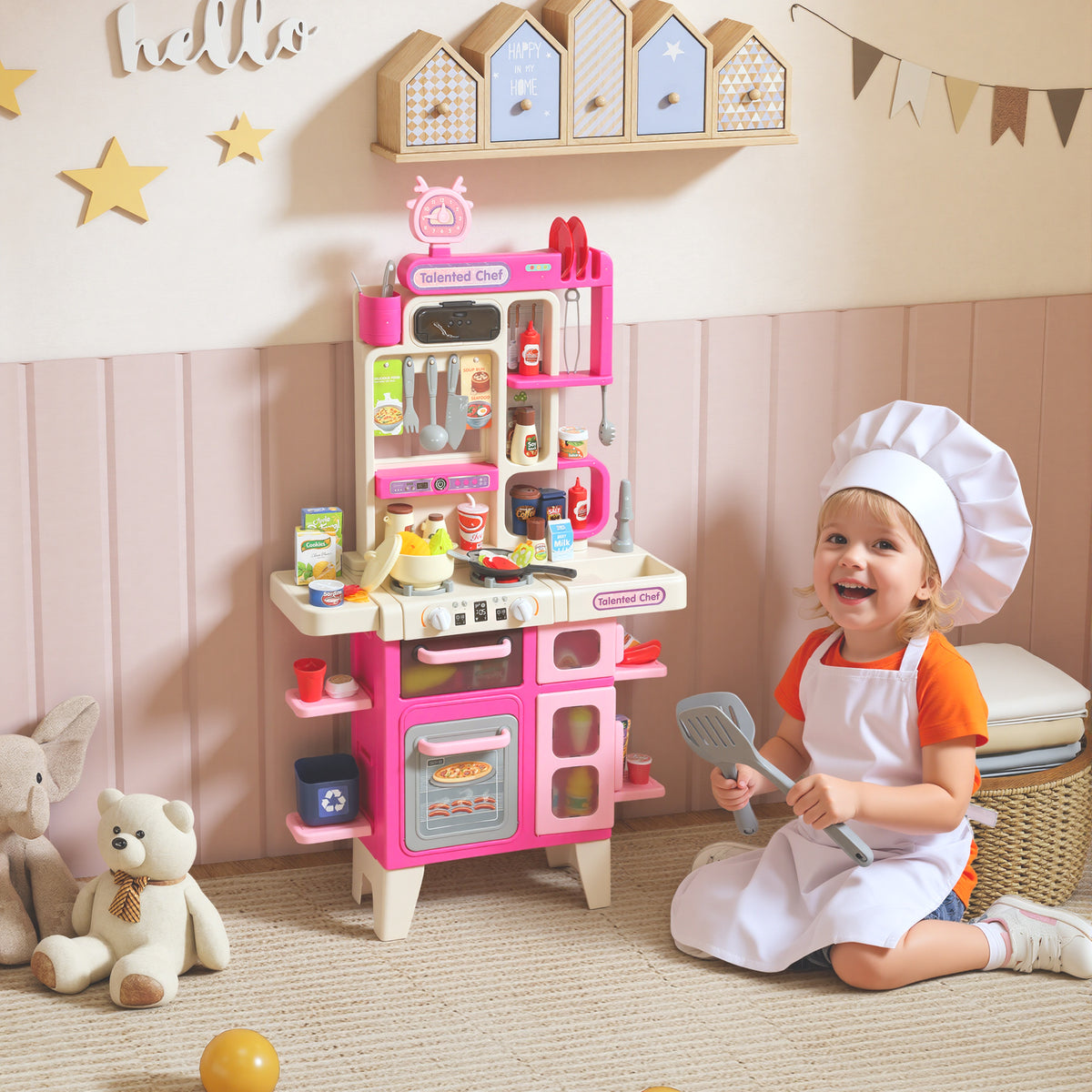 Cuisine enfant jouet d'imitation, dinette pour enfant avec lumières et sons réalistes, 52,5 x 22 x 100 cm, rose-1