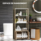 Colonne de salle de bain armoire de rangement en bambou 3 étagères 1 placard 63 x 30 x 138 cm bois naturel et blanc-3