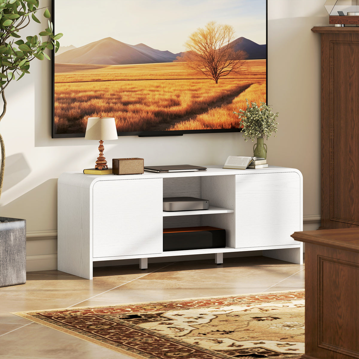 Meuble TV meuble télé pour téléviseur jusqu'à 55 pouces 2 portes 2 compartiments étagère réglable 110x35x45cm blanc-7