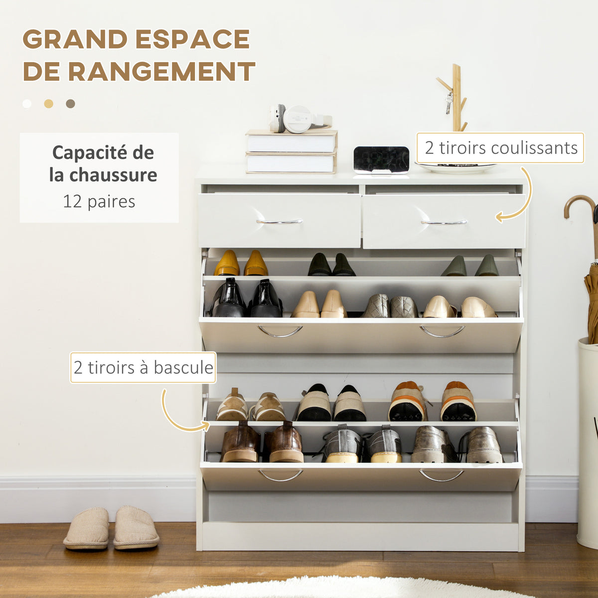 Meuble à chaussures 2 tiroirs et 2 portes abattantes avec étagère réglable 80 x 30 x 91,5 cm poignées alu. naturel-3