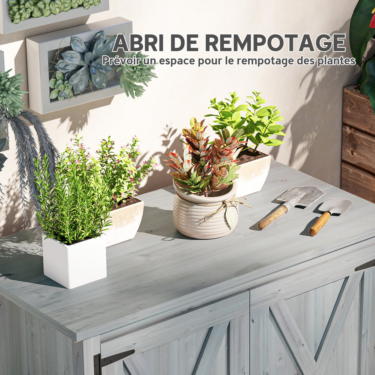 Armoire de jardin en bois, placard de jardin en bois avec étagères et double portes, 110 x 60 x 88,5 cm, gris clair-4