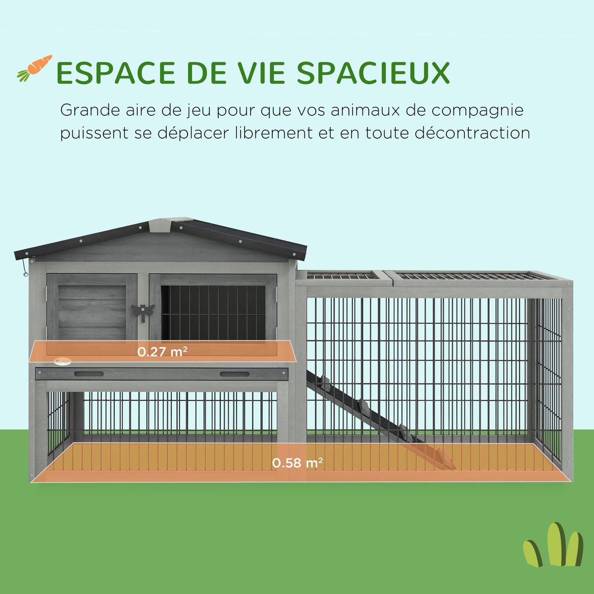 Clapier de sol cage à lapin cottage niche supérieure avec rampe enclos extérieur 150 x 52 x 68 cm gris-3