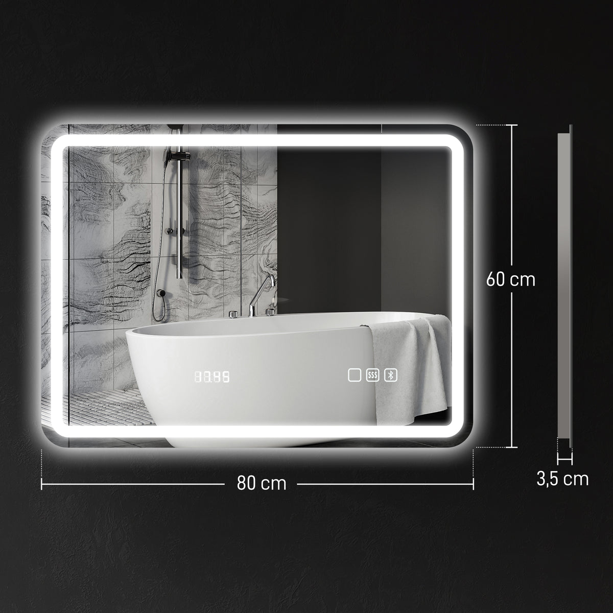 Miroir salle de bain Bluetooth avec éclairage LED 60 x 80 cm, miroir lumineux mural avec horloge, antibuée, argenté-2