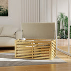 Banc de rangement, coffre de rangement rembourré en tissu aspect lin, couvercle et structure en bambou, gris et naturel-9