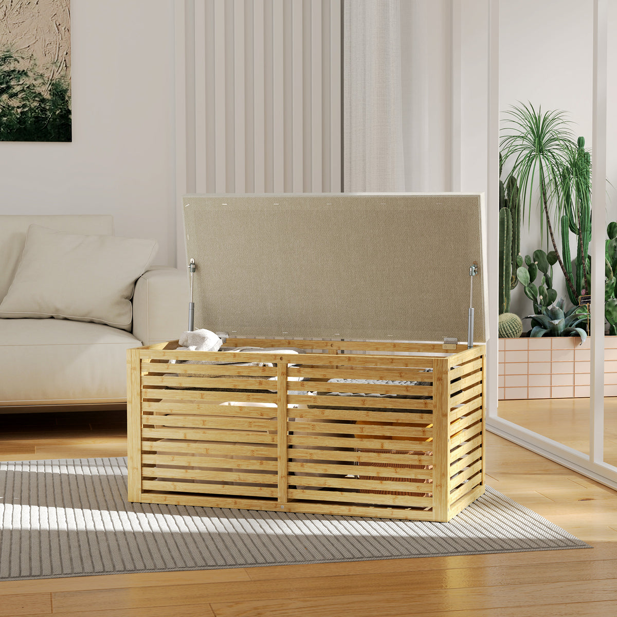Banc de rangement, coffre de rangement rembourré en tissu aspect lin, couvercle et structure en bambou, gris et naturel-9