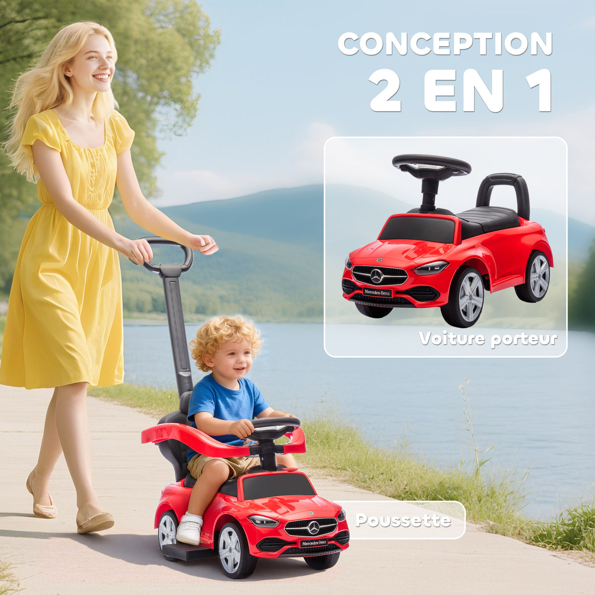 Porteur enfants Mercedes-Benz sous licence, porteur voiture à pousser avec poignée amovible, 91 x 40 x 83 cm, rouge-3