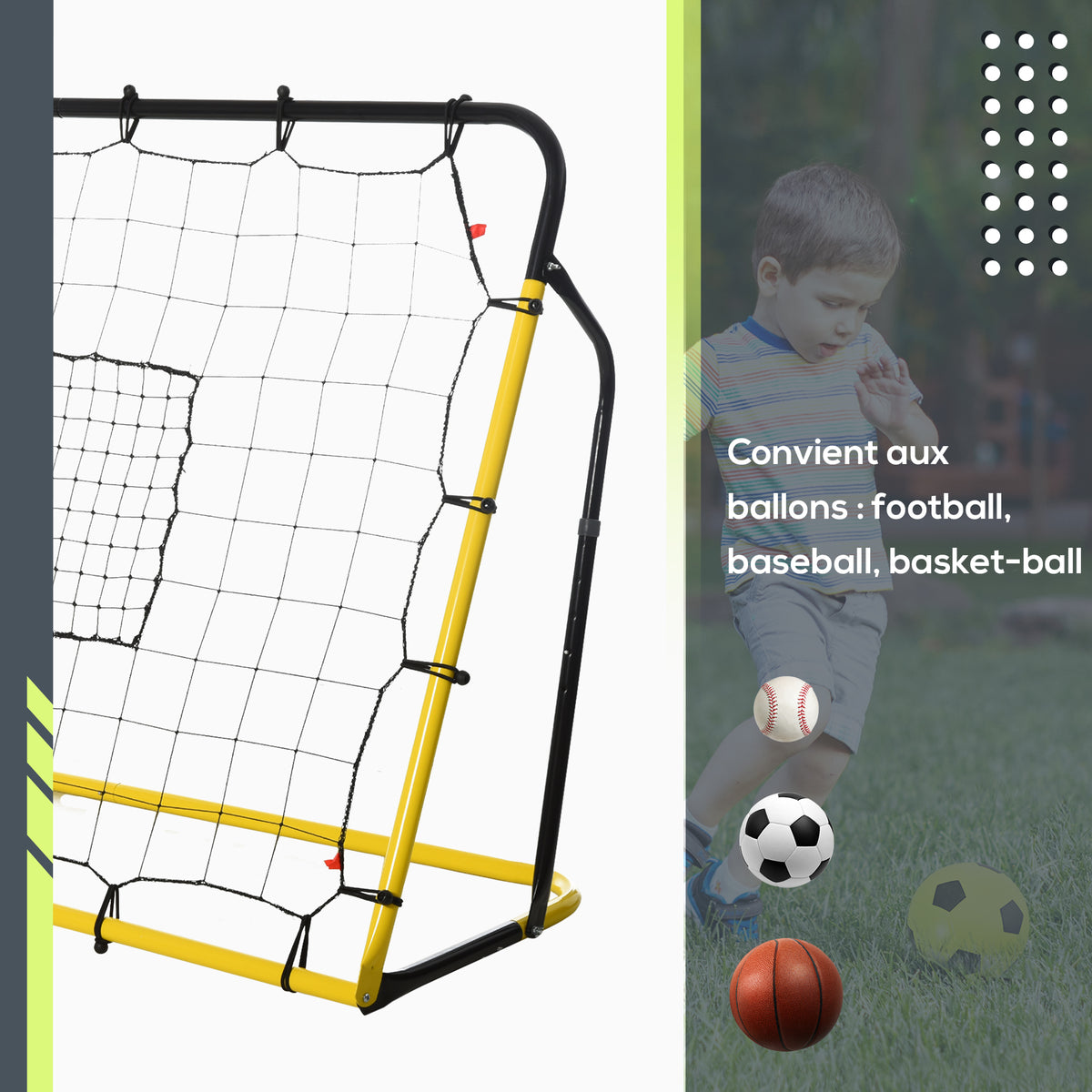 Filet de rebond de football, 184L x 123H cm, rebondisseur de football, 5 angles réglables de 60° à 90°, jaune et noir-4
