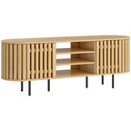 Meuble TV, meuble télé pour téléviseur 60 pouces, 2 portes à lattes, 140x40x52cm, bois naturel-0
