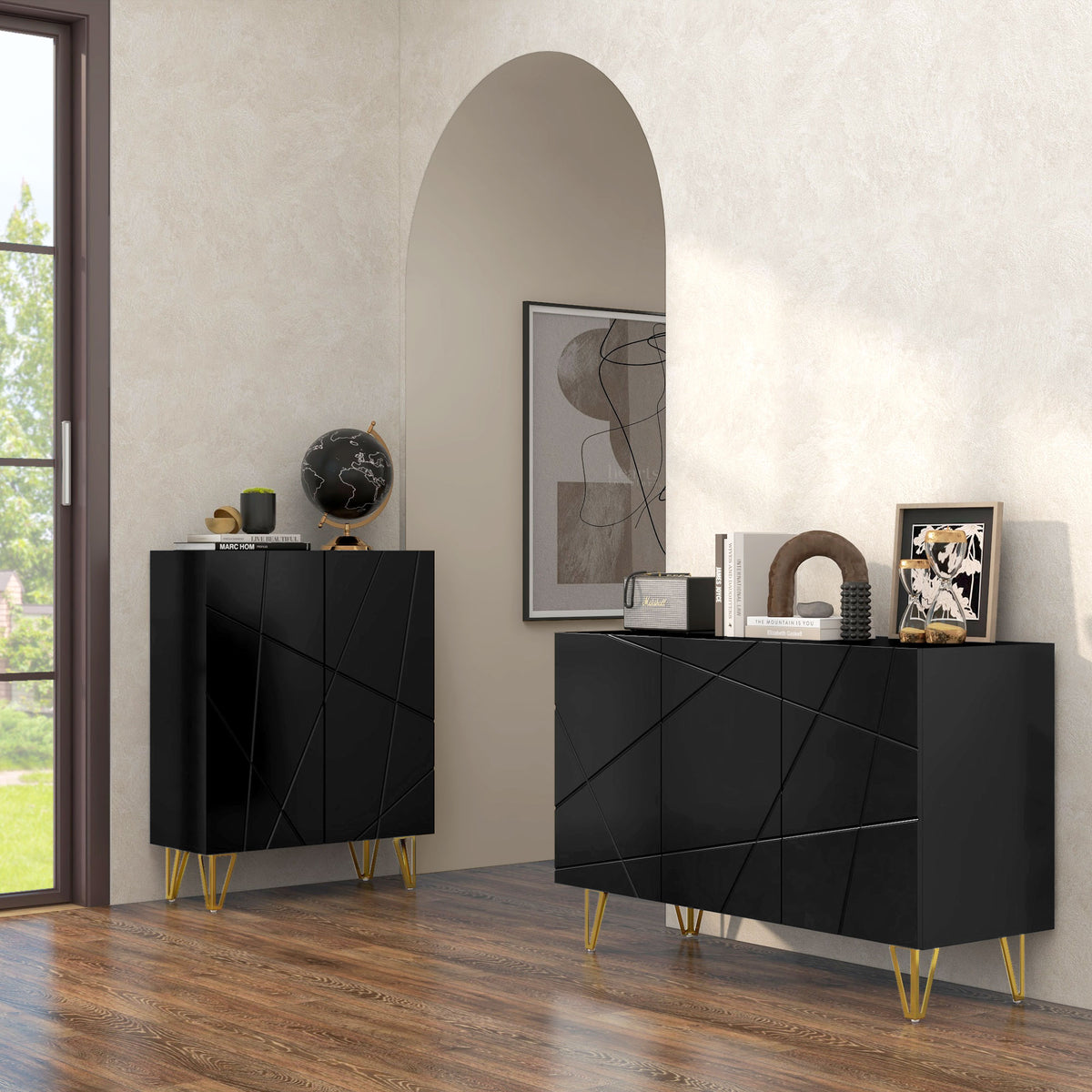 Buffet Salon, Meuble de Rangement à Haut Brillance, 3 Portes à Fermeture Douce et Étagères Réglables, 120x40x75cm, Noir-9