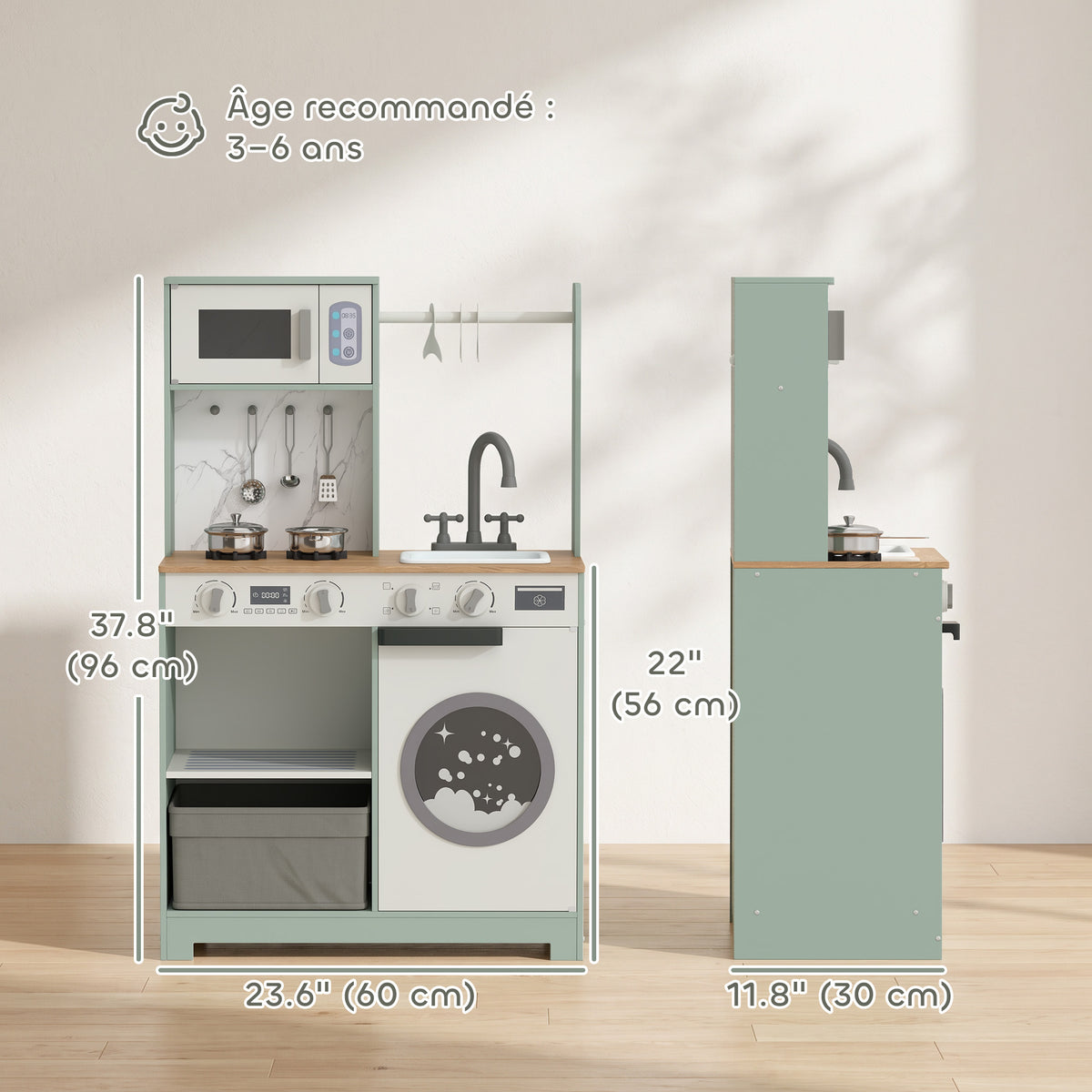 Cuisine enfant jouet d'imitation, dinette enfant avec cuisinière, évier, micro-ondes, 5 accessoires, vert-2
