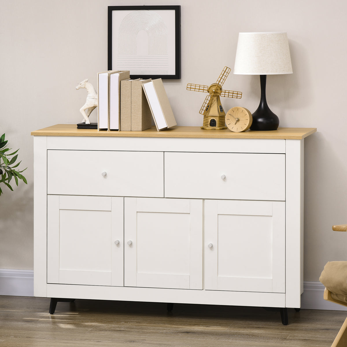 Buffet cuisine avec 2 tiroirs 3 portes et étagère réglable, pour cuisine, salle à manger, salon, 117 x 35 x 80 cm, blanc-9