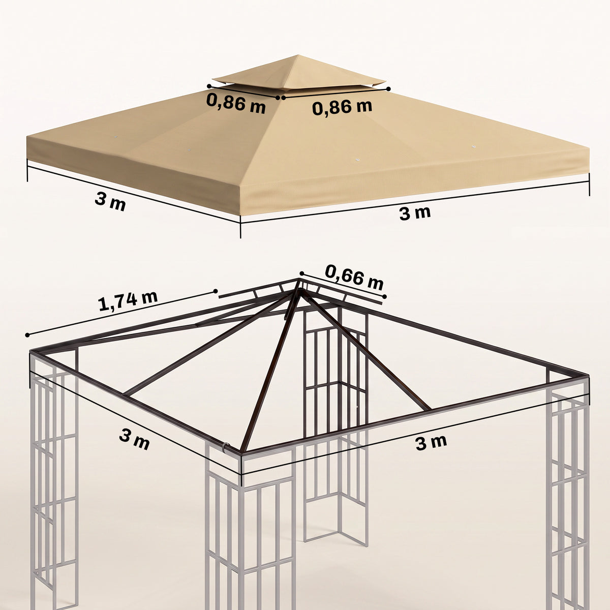 Toit de Remplacement pour pavillon de Jardin Toile de Rechange pour pavillon tonnelle Tente 3 x 3 m Beige-2