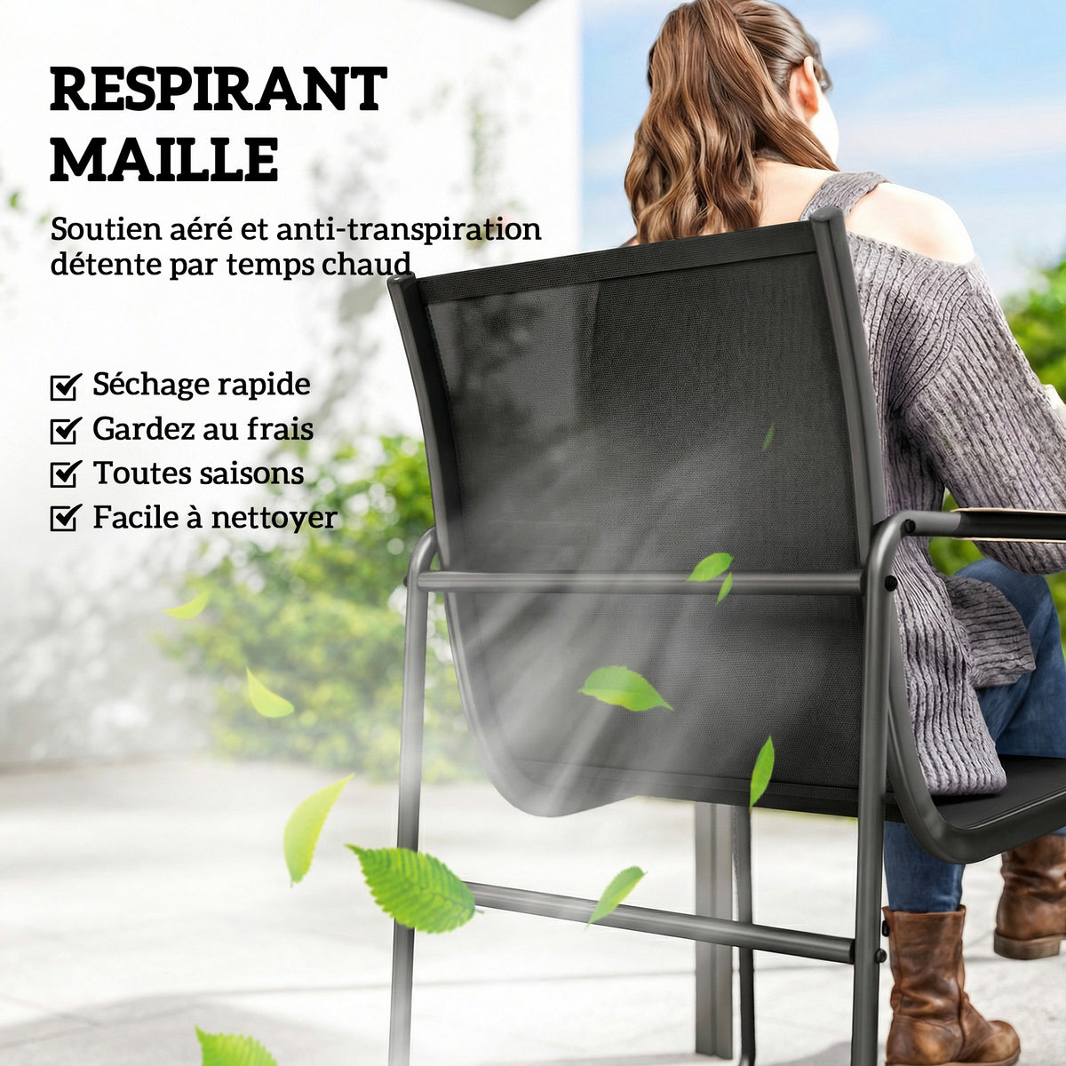 Ensemble de Salle à Manger d'Extérieur 7 Pièces pour 6 Personnes, Table en Verre et Chaises avec Accoudoirs Décoratifs, Maille Résistante aux Intempéries, Noir-3