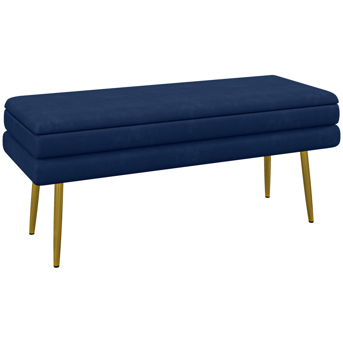 Banc banquette coffre de rangement 2 en 1 assise aspect velours et pieds acier - 100 x 37,5 x 42 cm bleu et doré-0