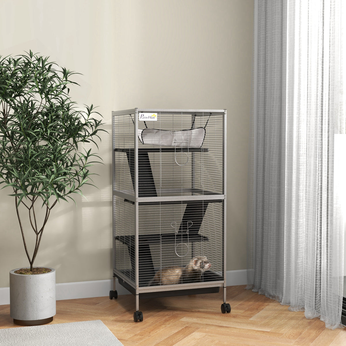 Cage pour Petits Animaux Portable à 4 Niveaux avec Roulettes, 2 Portes, 3 Rampes, Hamac et Plateau Amovible-9