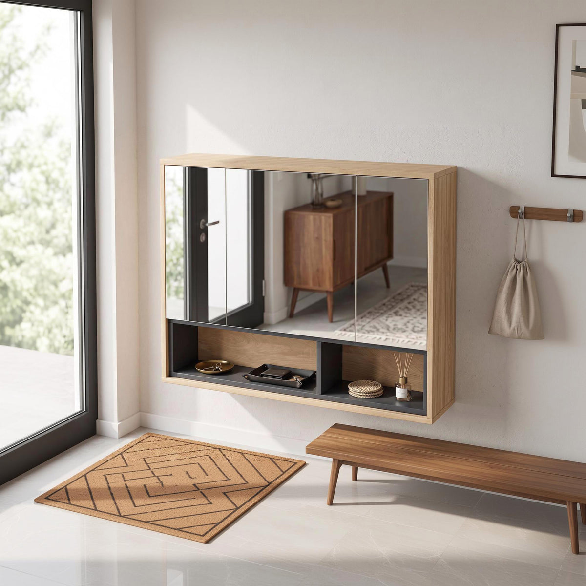 Meuble salle de bain avec miroir, armoire toilettes murale avec placards à 3 portes et 8 compartiments, chêne-8