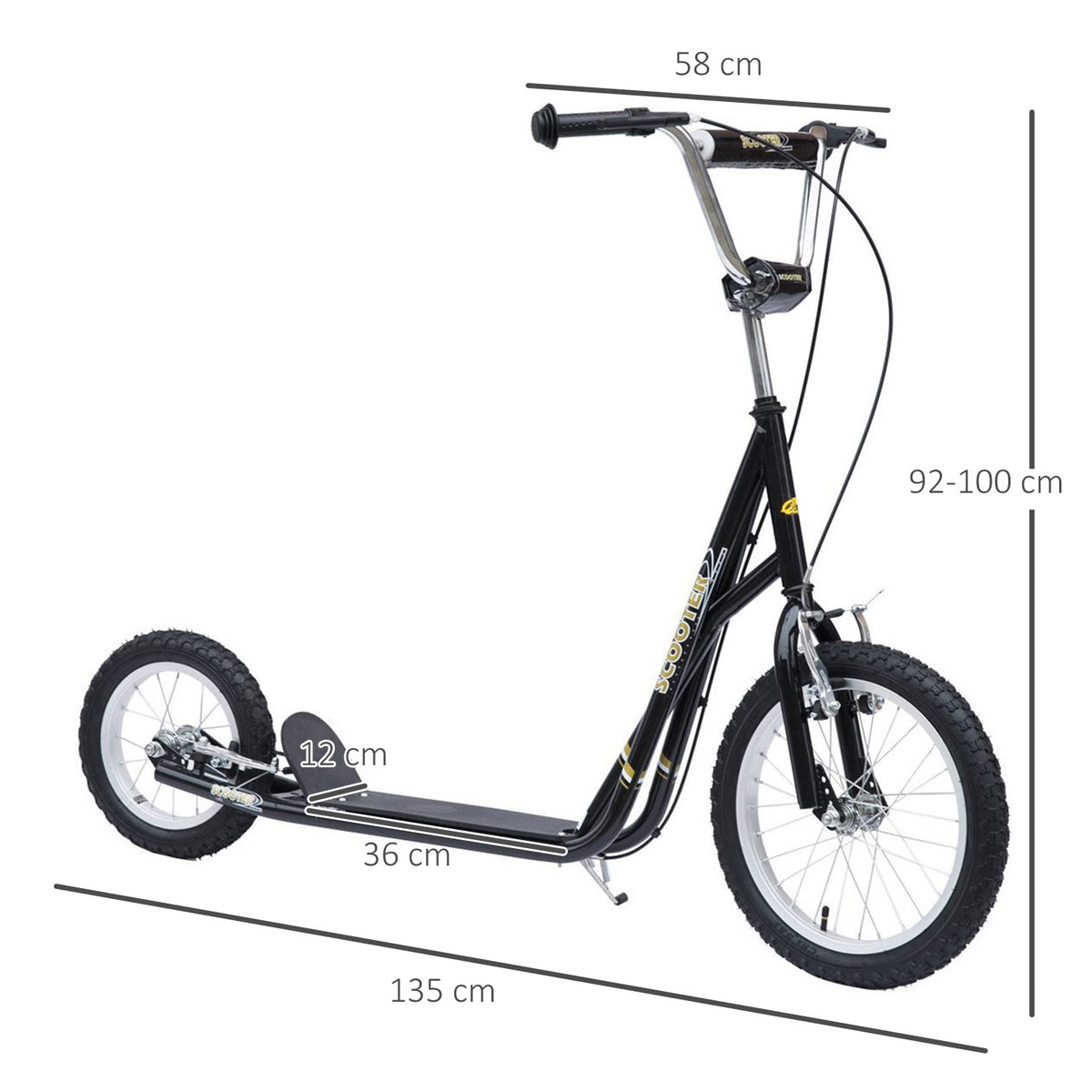 Trottinette patinette Vélo Enfant à partir de 5 Ans Tout Terrain Grands pneus gonflables Guidon réglable poignées Freins et béquille pour Adultes et Enfants Acier Noir-2