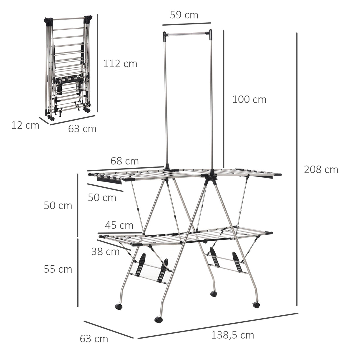 Séchoir à linge étendoir pliable avec roulettes grand espace d'étendage acier inoxydable 138,5 x 63 x 208 cm-2