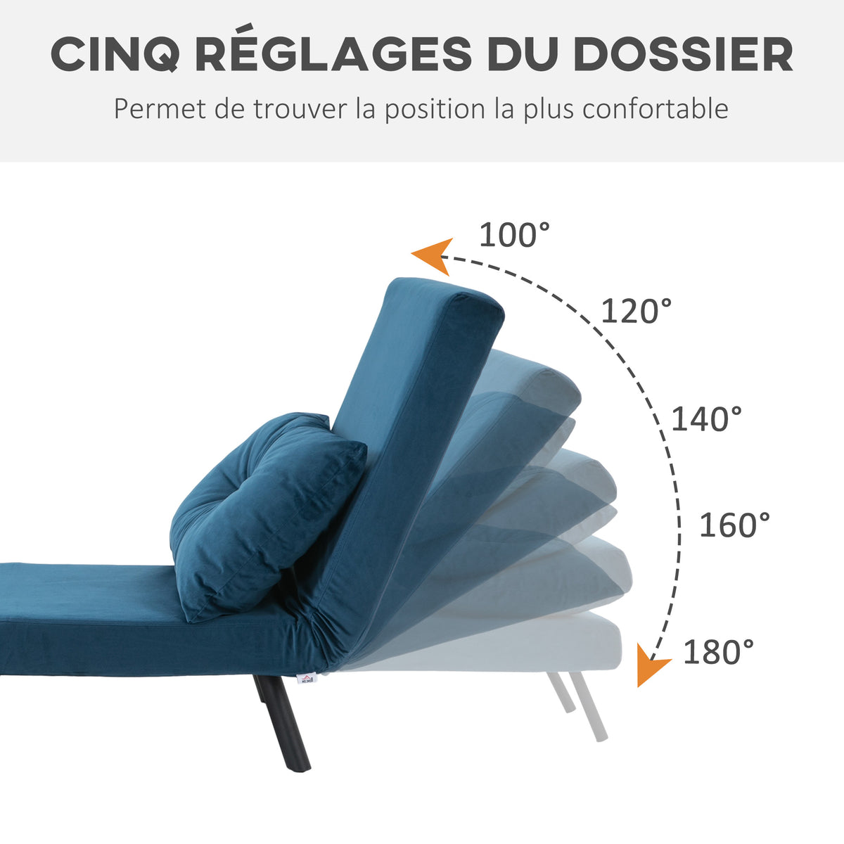 Fauteuil convertible 3 en 1 lit 1 place dossier 5 positions, accoudoirs en bois et coussin, tissu effet velours, bleu-4