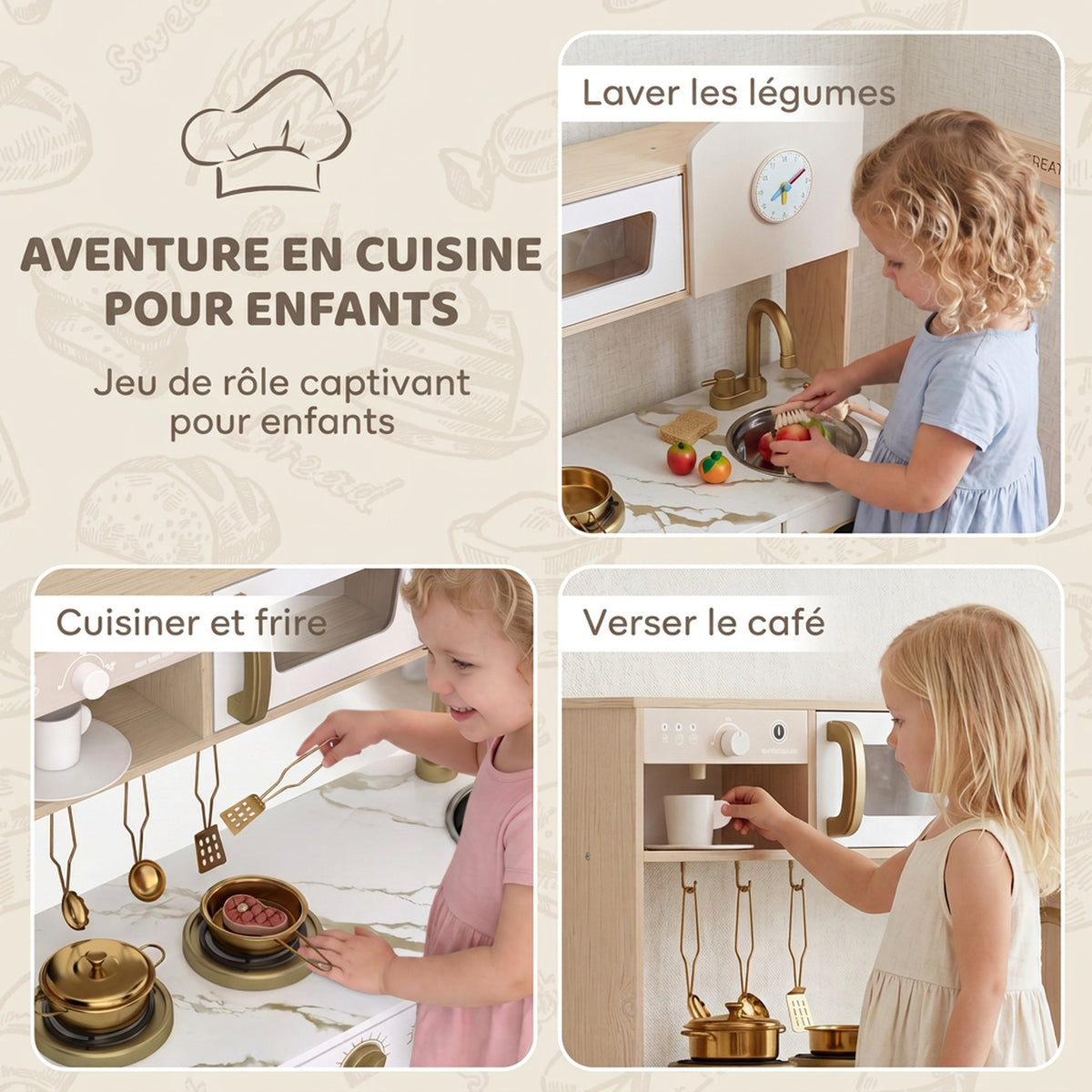 Cuisine Enfant en Bois, Dinette Cuisine Enfant avec Ustensiles en Acier Inoxydable, pour 3 à 6 Ans, 74x29x81cm, Blanc-3