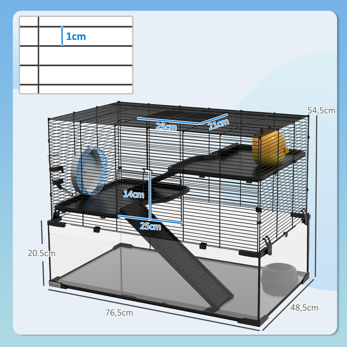 Cage hamster cage rongeur 3 niveaux avec roue rampes maisonnette abreuvoir mangeoire 76,5L x 48,5l x 54,5H cm noir-2