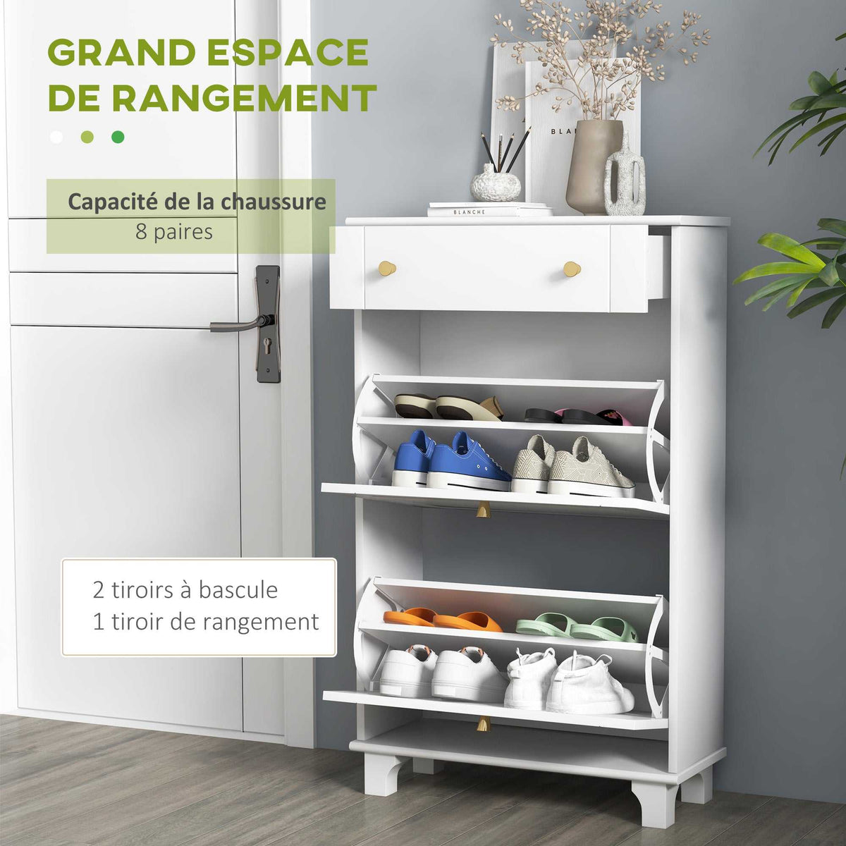 Meuble chaussure entrée étroit avec tiroirs à portes abattants et étagère réglable, 60 x 23,5 x 98,5 cm, blanc-3
