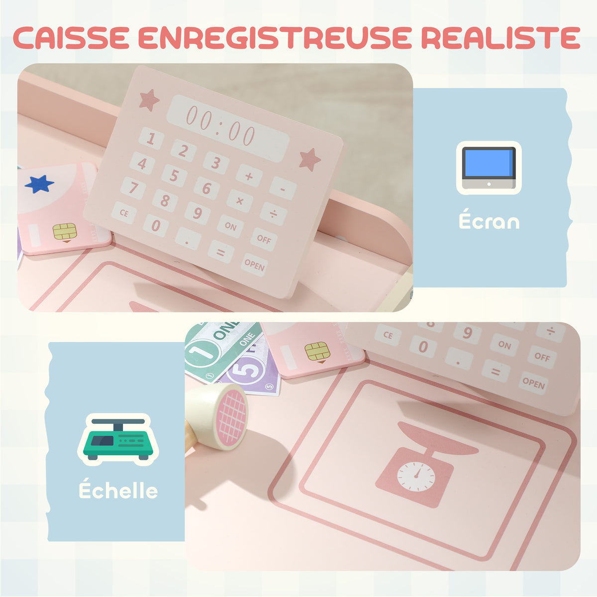 Supermarché pour enfant, marchande en bois, caisse enregistreuse, distributeur et accessoires, 90,7x60x73,8cm, vert-4