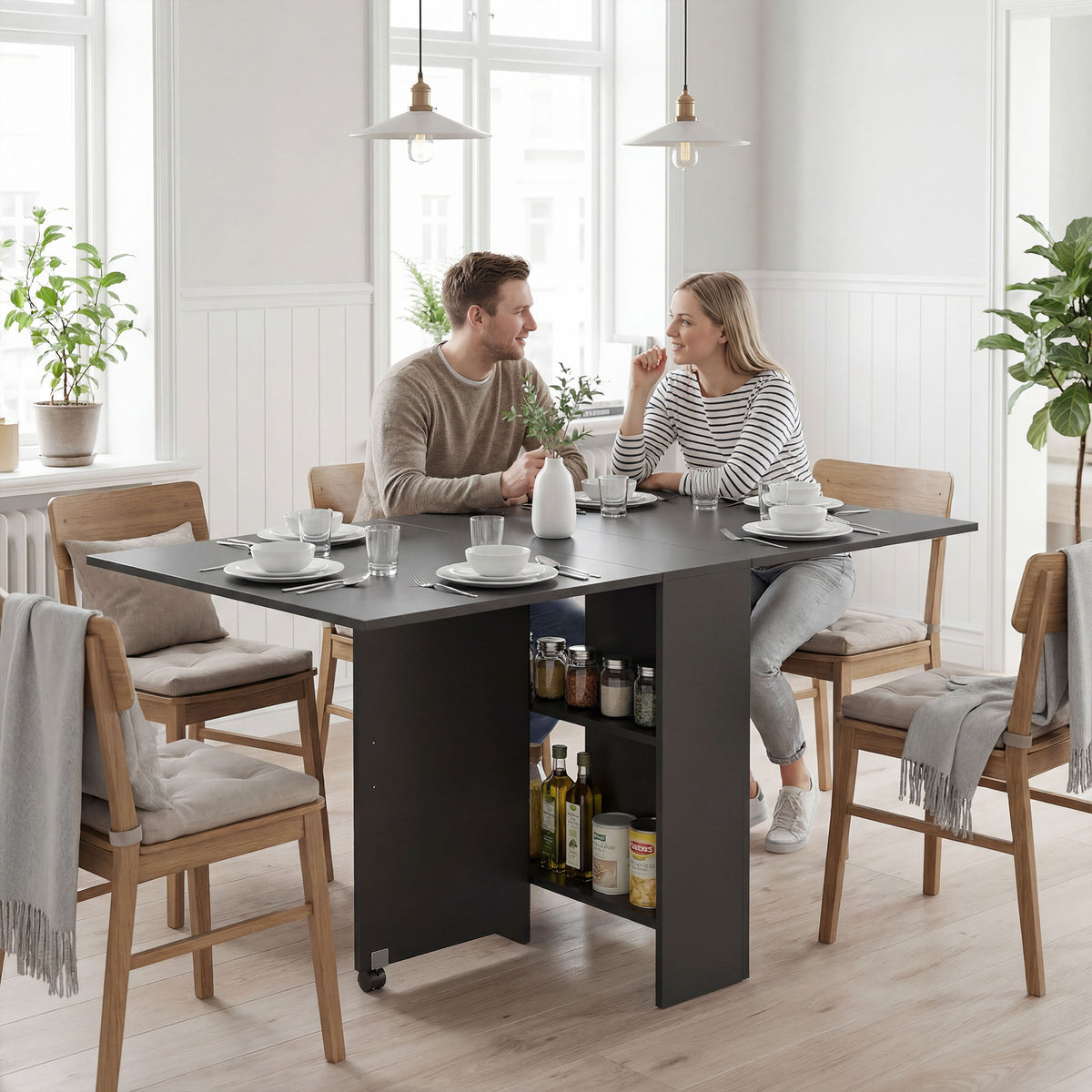 Table pliante de cuisine salle à manger amovible sur roulettes 75 x 140 x 74 cm coloris noir-9