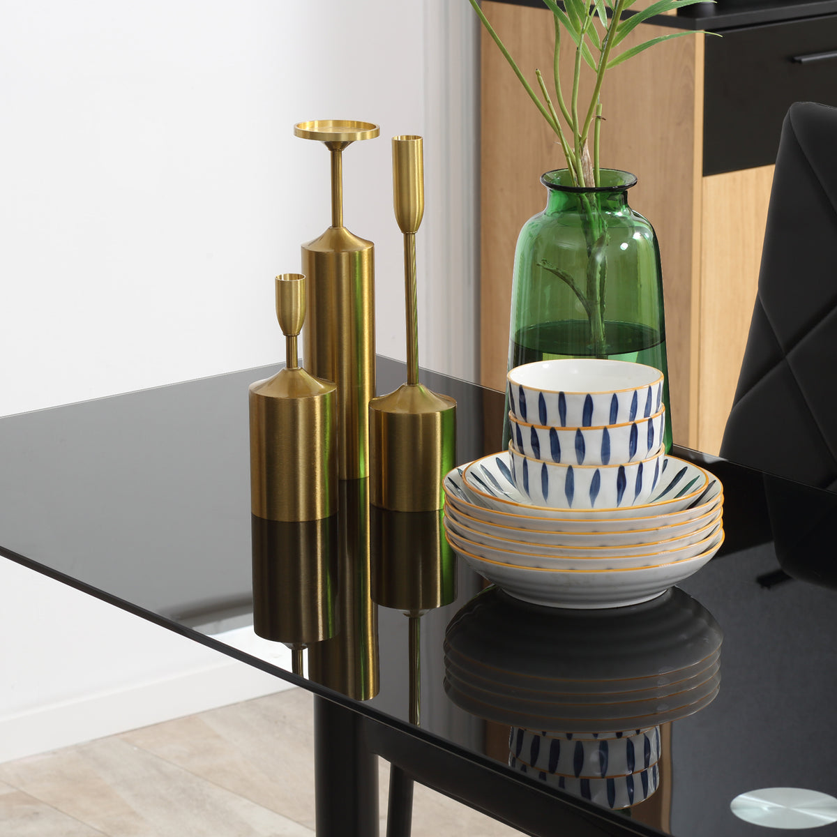 Ensemble de table à manger avec 4 chaises plateau en verre trempé, pieds en acier, pour cuisine salon noir-7