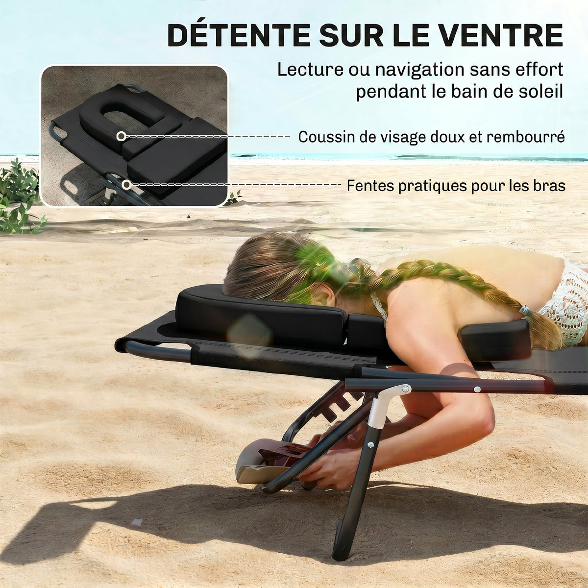 Transat de Jardin Chaise Longue Pliante Bain de Soleil pour Lecture Noir-3