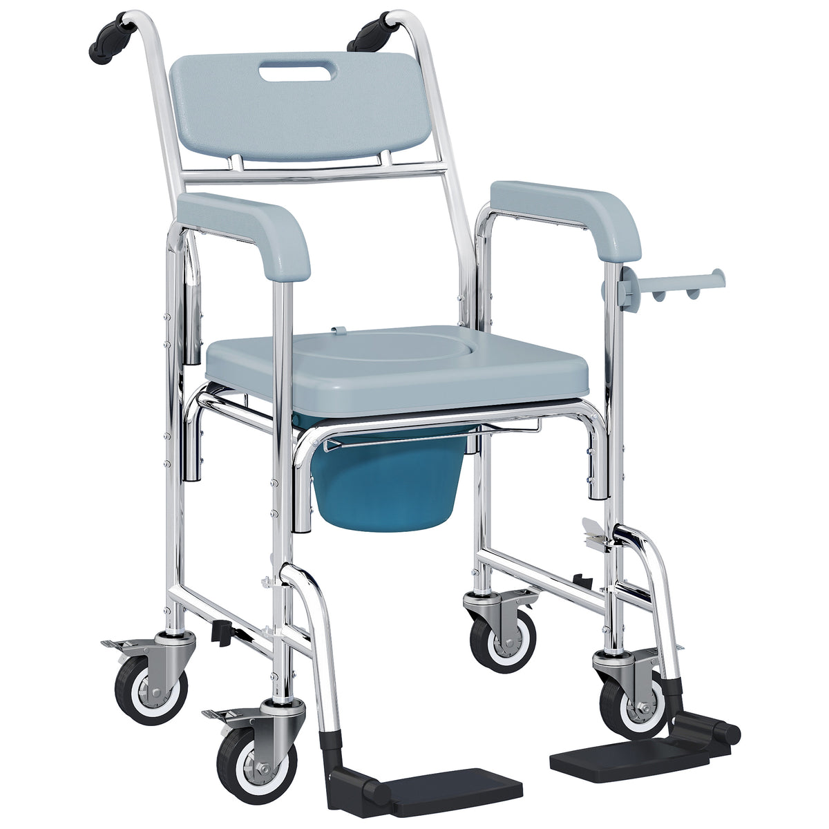 Chaise percée adulte à roulettes, chaise percée de douche avec repose-pieds, dossier et accoudoirs, 53x97x97cm, gris-0