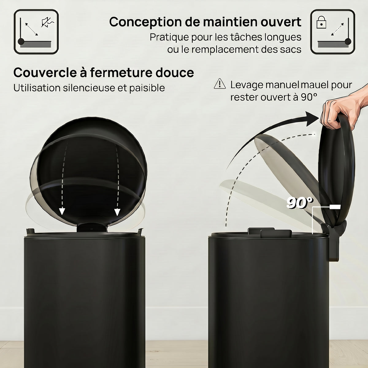 Poubelle de Cuisine 20 L en Métal, Poubelle à Pédale avec Couvercle à Fermeture Douce et Seau Amovible, Noir-4