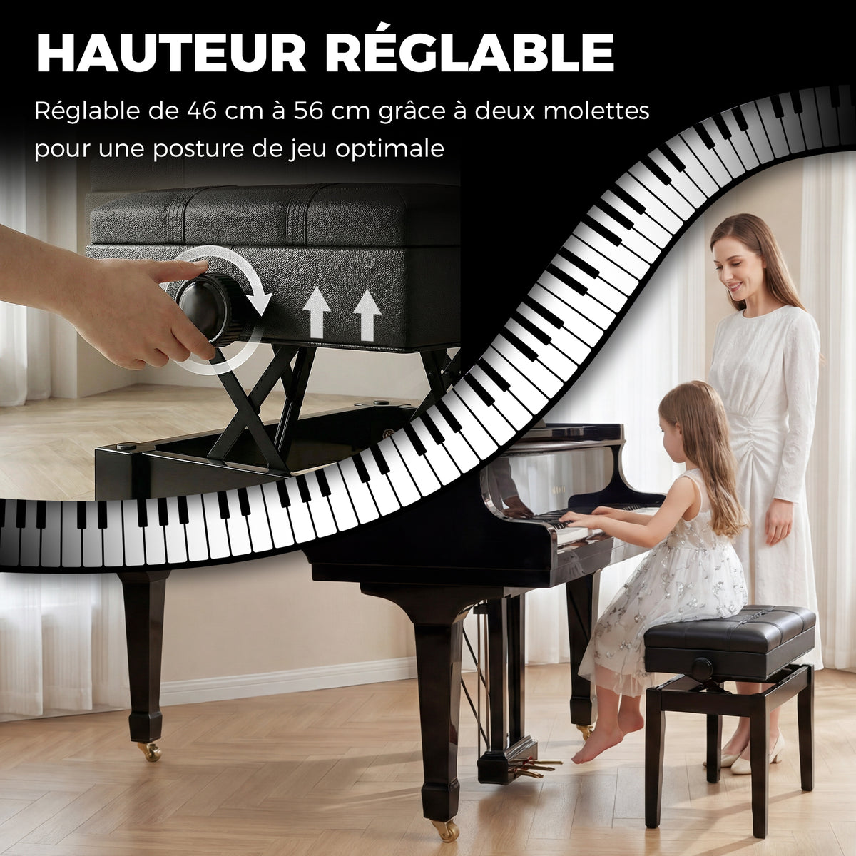 Banquette tabouret siège pour piano coffre intégré hauteur réglable bois hévéa assise revêtement synthétique noir-3