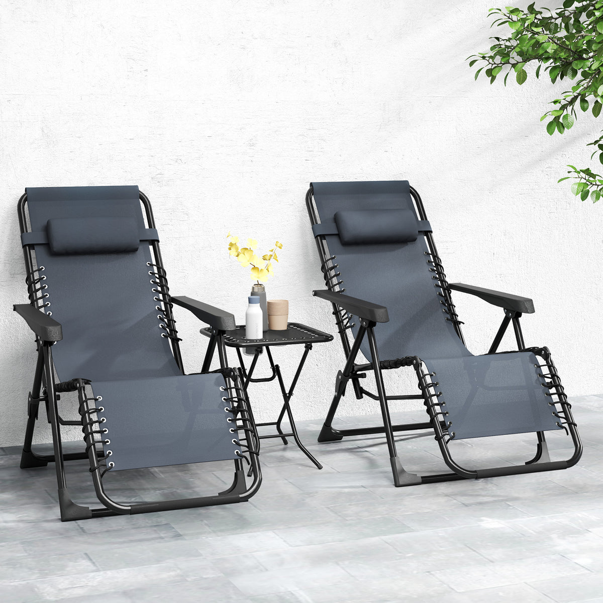 Lot de 2 chaise longue pliable et inclinable avec table d'appoint, porte-gobelets et appuie-têtes, charge 120 kg, gris-9