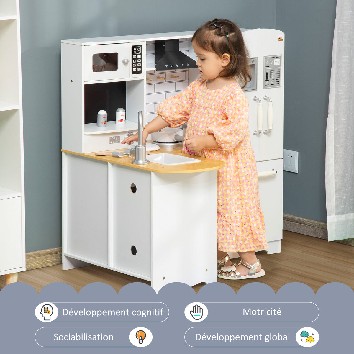 Cuisine pour Enfant 3-6 ans Jeu d'imitation Nombreux Accessoires rangements évier, robinet, four, micro-ondes, hotte, téléphone et réfrigérateur Blanc-3