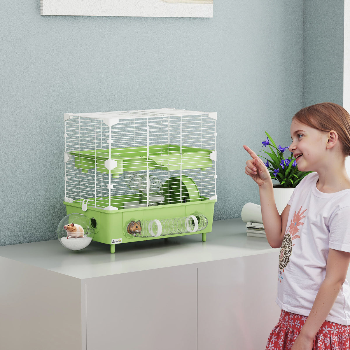 Cage pour hamster à 2 niveaux avec roue de course salle de bain en sable pour hamster nain 44,5 x 28 x 44 cm vert-1