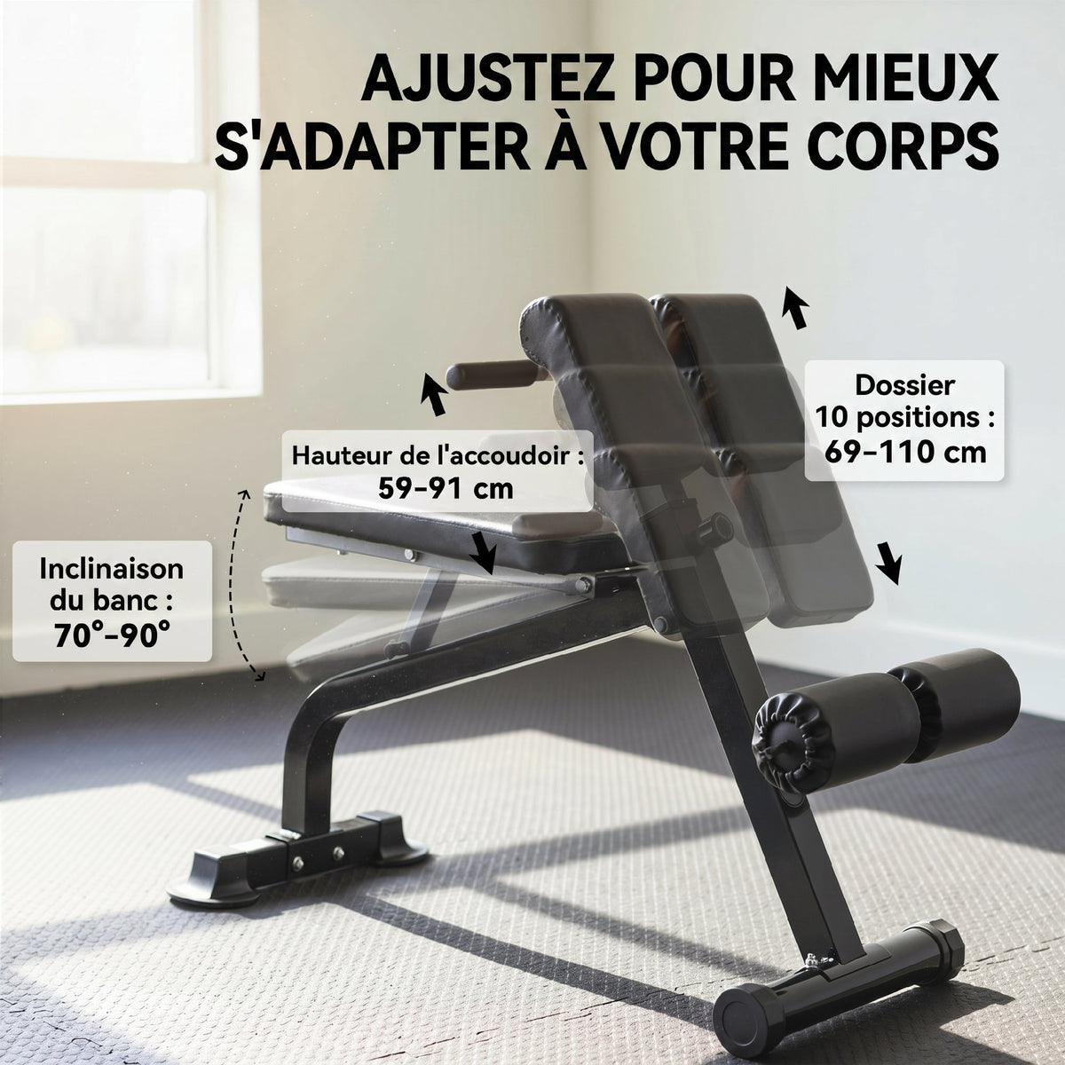 Banc de Musculation Pliable avec Hauteur et Inclinaison Réglables pour Entraînement Dos Bras, 96,6x68x69-110cm, Noir-4
