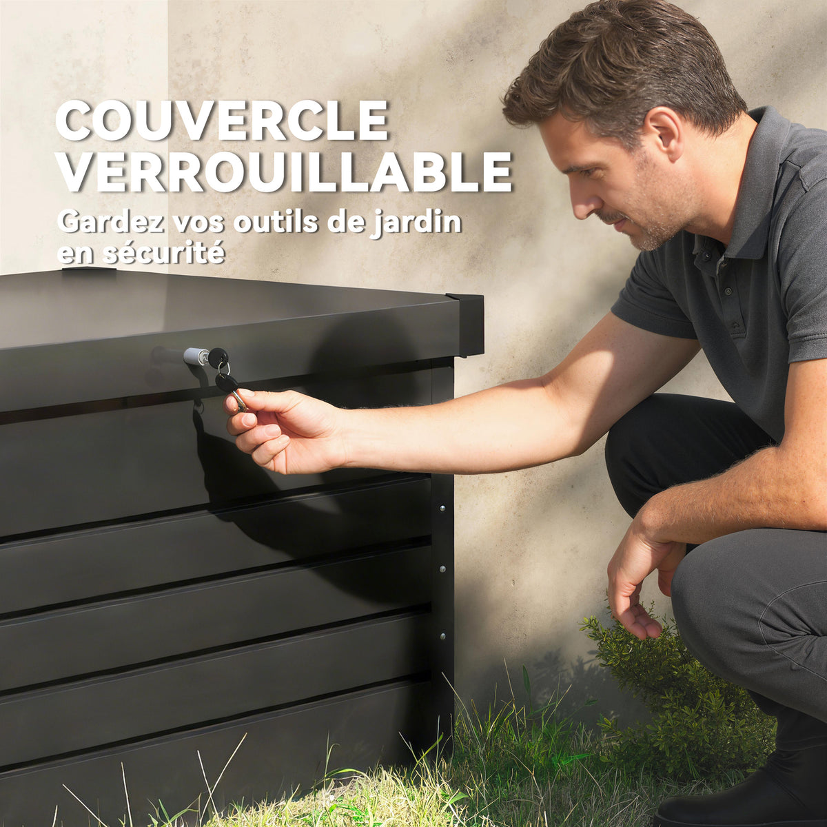Coffre de rangement métal boîte de jardin 350L double vérins à gaz verrouillable pour coussins outils gris anthracite-5