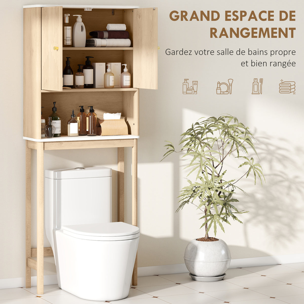 Meuble WC dessus de toilette meuble toilettes WC rangement avec placard à double porte étagères 66 x 25 x 168 cm, chêne-4